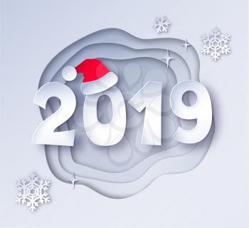 Vector cut paper art style illustration of 2019 numbers with Santa hat.