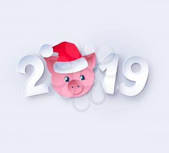 Vector cut paper art style illustration of 2019 numbers lettering with cute piggy face in Santa hat.