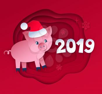 Vector cut paper art style illustration red colored postcard of New Year Pig and 2019 numbers.
