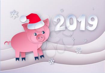 Vector paper cut style postcard with 2019 date and cute New Year Pig character.