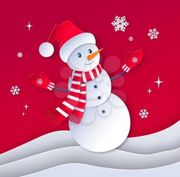 Vector cut paper art style illustration of Snowman wearing santa hat and scarf on winter snowdrifts.