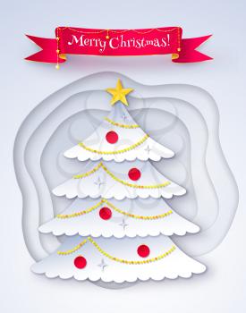 Vector postcard of decorated fir tree with paper cut layered snow drifts and red Merry Christmas scroll banner.