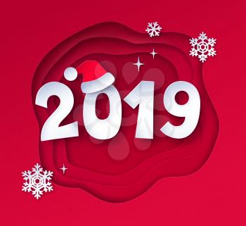 Vector cut paper art style illustration of 2019 numbers with Santa hat on red layered shapes background with snowflakes.