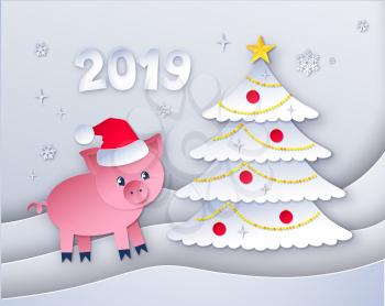 Vector cut paper art style illustration of 2019 New Year tree and cute pig character wearing santa hat.