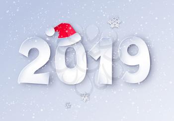 Vector cut paper art style illustration of 2019 numbers with Santa hat and snowflakes.