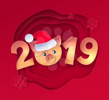 Vector cut paper art style gold colored illustration of 2019 numbers lettering with cute piggy face in Santa hat on red layered shapes background.