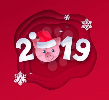 Vector cut paper art style illustration of 2019 numbers lettering with cute piggy face in Santa hat on red layered shapes background with snowflakes.