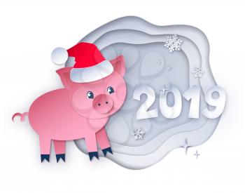 Vector cut paper art style illustration white colored postcard of New Year Pig and 2019 numbers with snowflakes on layered banner background.