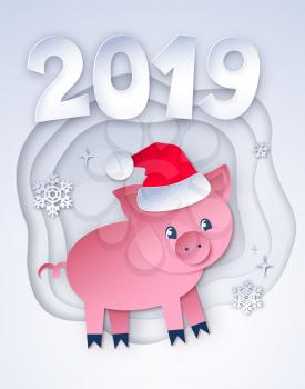 Vector cut paper art style illustration of white colored postcard New Year Pig and 2019 numbers on layered banner background.