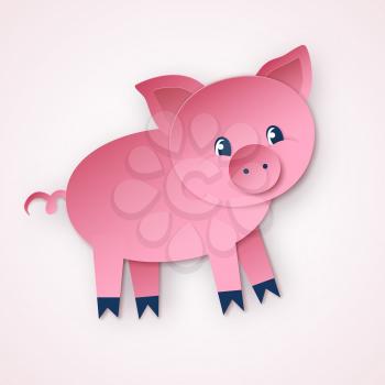 Vector cut paper art style isolated illustration of cute Pig character.