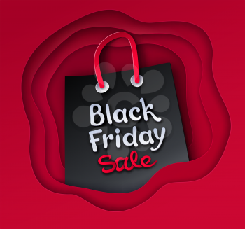 Vector paper cut art style illustration of Black Friday sale shopping bag on red layered shapes banner background.