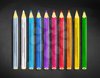 Vector top view illustration of color pencils lying on black chalkboard  background.