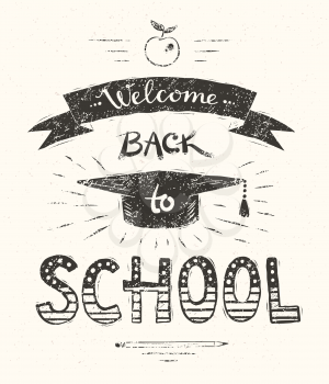 Vector illustration of Welcome Back to School lettering poster with graduation hat.