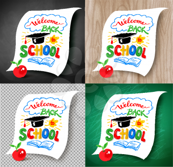 Collection of illustrations of Welcome Back to School lettering with graduation hat and plasticine letters on light wood, chalkboard and transparency background.