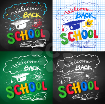 Vector collection of Welcome Back to School posters with mortarboard cap and plasticine letters on chalkboard and notebook paper background.