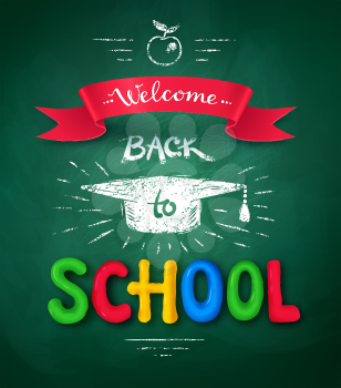 Welcome Back to School poster with plasticine letters, mortarboard cap and ribbon banner on green chalkboard background.