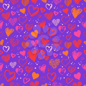 Seamless pattern with hand drawn Valentine grunge hearts in coral and ultraviolet colors.