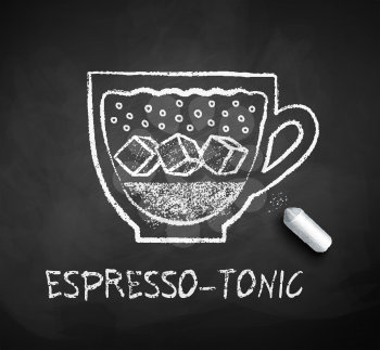 Vector black and white sketch of Espresso-Tonic coffee on chalkboard background with piece of chalk.
