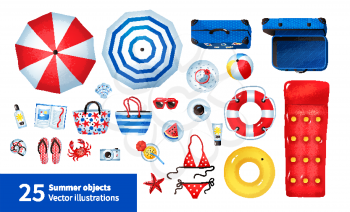 Top view vector summertime illustration set of beach items isolated on white background.