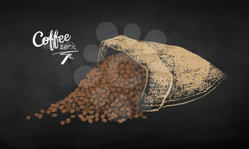 Vector chalk drawn sketch of open sack with coffee beans on chalkboard background.