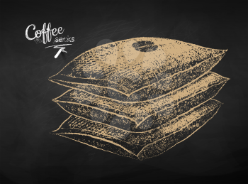 Vector chalk drawn sketch of stack of closed sacks with coffee beans on chalkboard background.