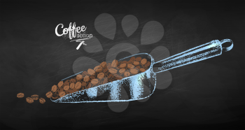 Vector chalk drawn sketch of metal coffee scoop with pile of beans on chalkboard background.