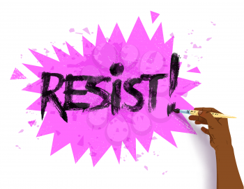 Vector illustration of african american female hand drawing Resist lettering with brush on violet explosion prickly banner.