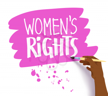 Vector illustration of african american female hand drawing Women's Right lettering with brush on pink banner with paint splashes.