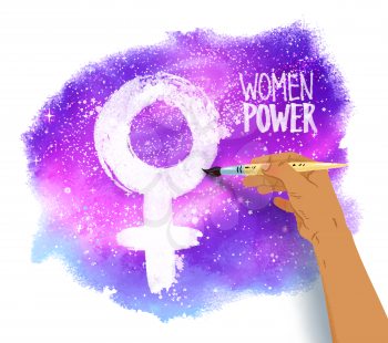 Vector illustration of woman african-american hand drawing female symbol with brush on outer space ultraviolet glitter background.
