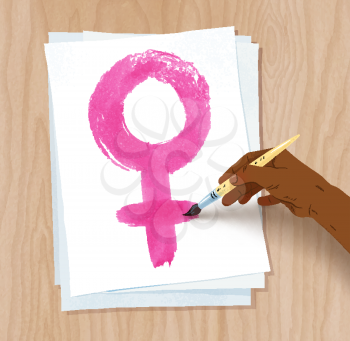 Vector illustration of african american female hand drawing with brush woman symbol on paper on light wooden desk background.
