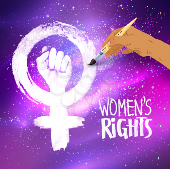Vector illustration of woman hand drawing Feminism protest symbol with brush on outer space ultraviolet glitter background.