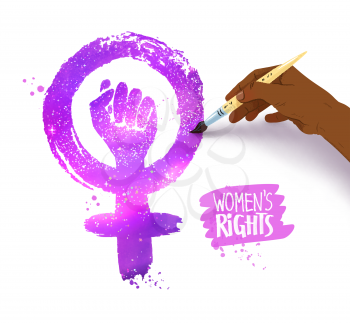 Vector illustration of african american woman hand drawing Feminism protest symbol with ultraviolet outer space inside.