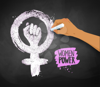 Vector illustration of women's hand drawing Feminism protest symbol with chalk on blackboard background.