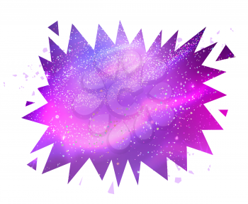 Vector illustration of explosion speech bubble banner with outer space inside and geometric particles on white background.
