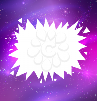Vector illustration of white explosion speech bubble banner with geometric particles on outer space ultraviolet background.