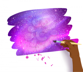 Vector illustration of scribble banner with outer space inside and african american female hand painting with brush.