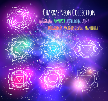 Vector illustration of glowing line art chakras on ultraviolet outer space background.