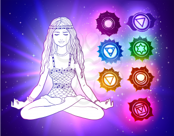 Vector illustration of young woman sitting in pose of lotus and meditating on ultraviolet outer space background with glowing chakras. 
