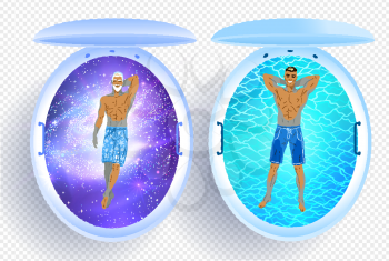 Top view vector collection of illustrations of men and floating tank with blue water and cosmos.