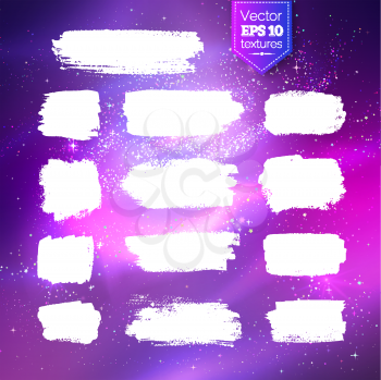 Grunge hand drawn set of white chalked 
banners on glowing ultraviolet outer space background.