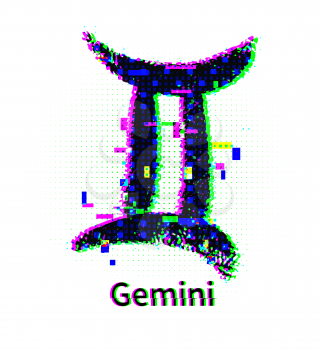 Vector illustration of Gemini zodiac sign with grunge and glitch effect.