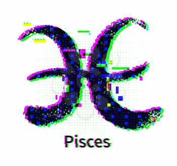 Vector illustration of Pisces zodiac sign with grunge and glitch effect.