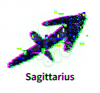 Vector illustration of Sagittarius zodiac sign with grunge and glitch effect.