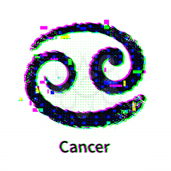Vector illustration of Cancer zodiac sign with grunge and glitch effect.