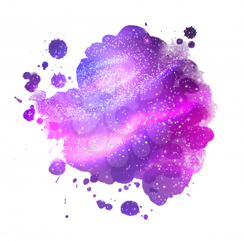 Violet abstract vector grunge watercolor stain with paint splashes and glowing outer space inside.
