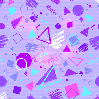 Seamless ultraviolet geometric pattern with grunge elements - triangles, circles, squares and doodles.