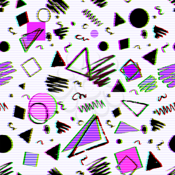Seamless geometric pattern with grunge elements - triangles, circles, squares and doodles with glitch effect.