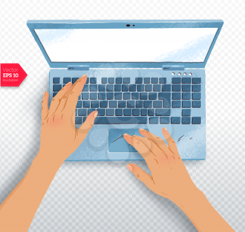 Top view vector illustration of hands with laptop with realistic shadow on transparency background.