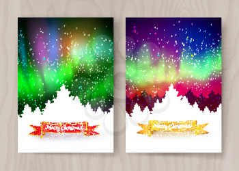 Winter landscape  postcard designs with northern lights, white spruce forest silhouette and gold festive ribbon banner on wood background.