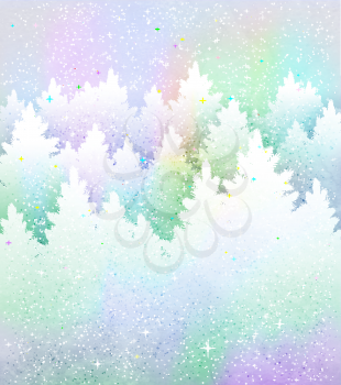 Vector Christmas background with frosty winter spruce forest silhouettes in pastel colors.
